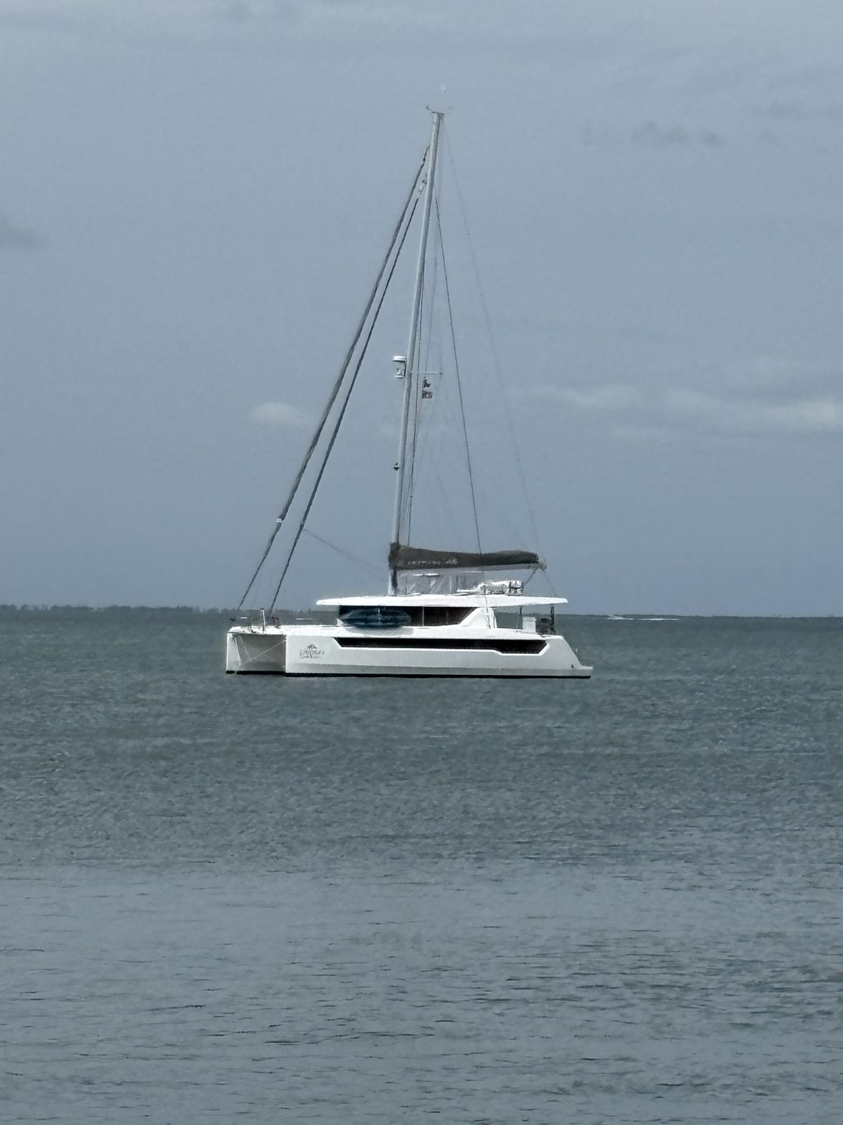 Lanikai, a Leopard 46 electric-drive sail catamaran, at anchor