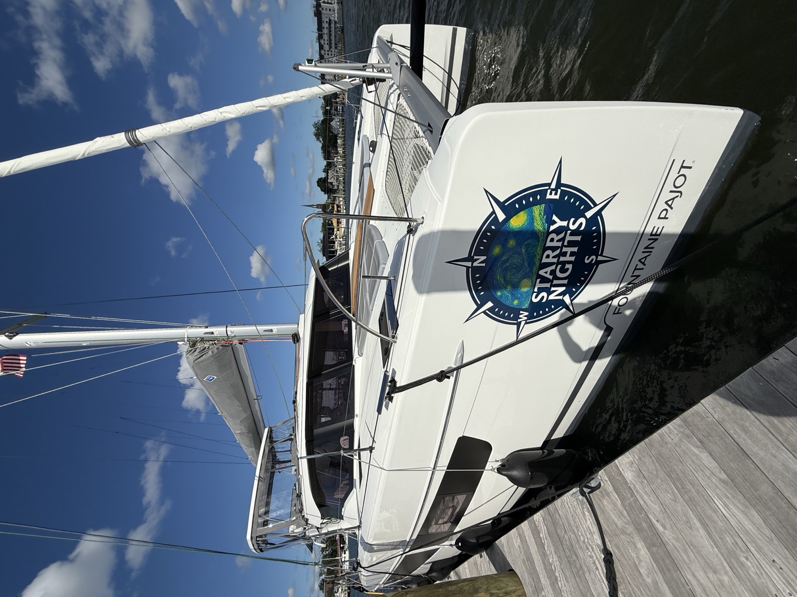 Starry Nights, a Fountaine Pajot 42 sail catamaran, docked in her marina slip